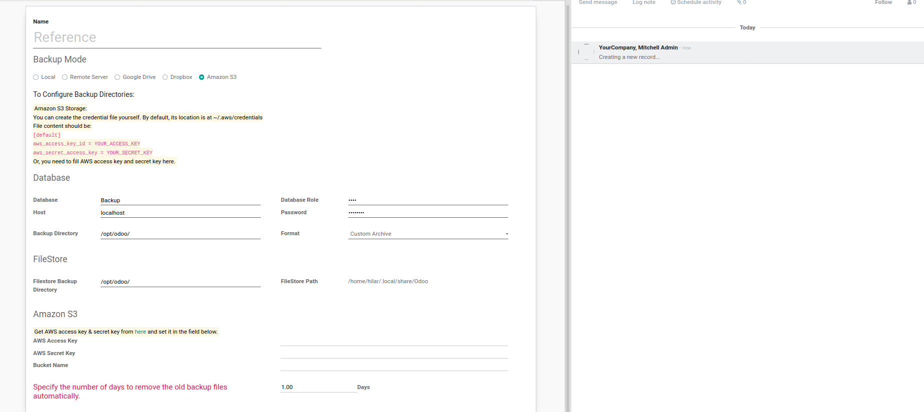 Automatic Odoo Backup Configuration Form